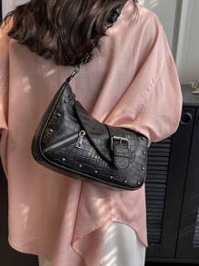 鑲鑽和幻想裝飾的鏈條長方形肩袋,哥德主義搖滾朋克機車時尚拉鏈斜挎手提袋,y2k時尚包款,可調節肩帶的新潮手提包,適用於派對,萬聖節和音樂節