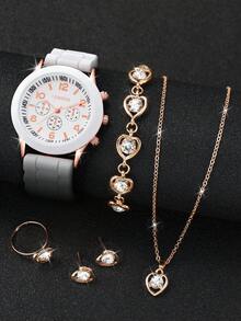 Ladies Silicone Strap Simple Fashion Digital Scale Dial Quartz Watch + Heart Shape Jewelry Set (6pcs/set) - White - View 2