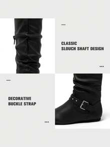 女式鬆身中筒靴，拉鍊平底靴帶鉤扣