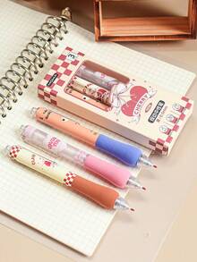 M O K A 3pcs/set Cute Cherry Design Ballpoint Pens, Korean & Japanese Style Stationery Gift For Back To School, Protective Cap With Push Button, Black Ink, Liquid Type - Multicolor - View 3