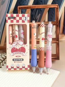 M O K A 3pcs/set Cute Cherry Design Ballpoint Pens, Korean & Japanese Style Stationery Gift For Back To School, Protective Cap With Push Button, Black Ink, Liquid Type - Multicolor - View 1