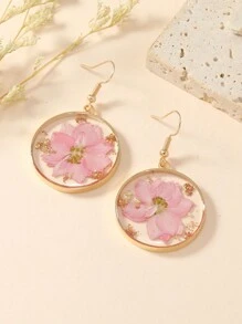 1 Pair Boho Style Dried Lavender & Pink Asymmetrical Petal Floral Simple Copper Hoop Earrings, Suitable For Daily Wear
