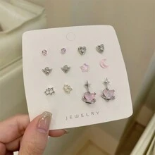 Bộ 6 đôi/bộ hoa tai đính đá pha lê thời trang thanh lịch, kết hợp thiết kế hình ngôi sao năm cánh và trái tim, thích hợp cho trang phục hàng ngày của phụ nữ trong ngày lễ tình nhân - Gói 6 đôi tình yêu màu xanh - Xem 3