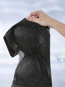 Sujetador deportivo sin costuras con soporte de espalda, copa fina y efecto push-up para mujer, diseño anti-desbordamiento lateral del pecho, lencería - Negro - Ver 4