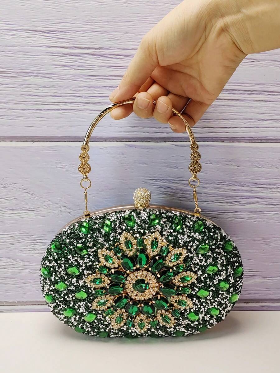 1 Miếng Màu xanh lá Đá lấp lánh Túi xach tay Với Tay cầm kim loại Và Chuỗi Dây đeo , Thích hợp Đối với phụ nữ at Lễ cưới , Buổi tiệc Hoặc Sử dụng hàng ngày - màu xanh lá - Xem 1