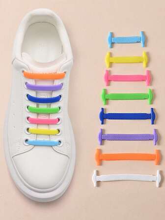 16pcs Silicone No-Tie Shoe Laces, Multicolor Elastic Shoelaces, Suitable For Skate Shoes, Sneakers, Sports Shoes, Casual Shoes,White Shoes
