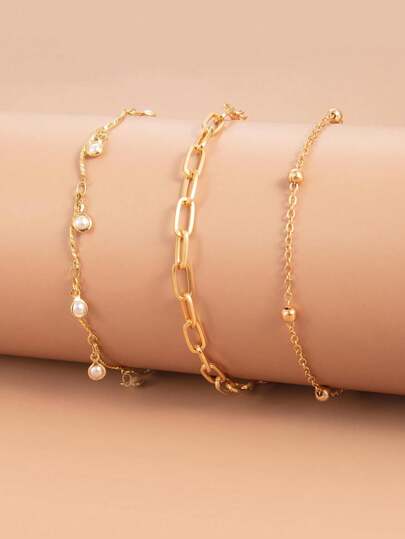 3pcs/Set Simple & Stylish Casual Butterfly Charm, Round Plate And Faux Pearl Beads Chain Bracelets Set, Suitable For Women Daily Wear