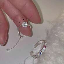 S925 Sterling Silver Square Full Diamond Design, Inlaid Baguette CZ, Gift For Family & Friends, Adjustable Chain Ring - Silver - View 6