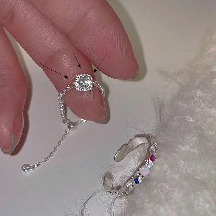 S925 Sterling Silver Square Full Diamond Design, Inlaid Baguette CZ, Gift For Family & Friends, Adjustable Chain Ring - Silver - View 6