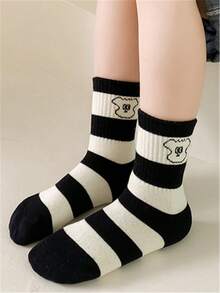 3雙/組男孩舒適透氣黑色愛心和鑽石圖案中筒襪,全季節適用