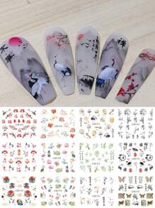 12入組風梅花指甲貼紙，竹鶴設計滑片水貼裝飾貼，DIY必備 - 彩色 - 查看 2