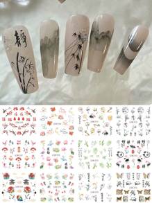 12入組風梅花指甲貼紙，竹鶴設計滑片水貼裝飾貼，DIY必備 - 彩色 - 查看 4