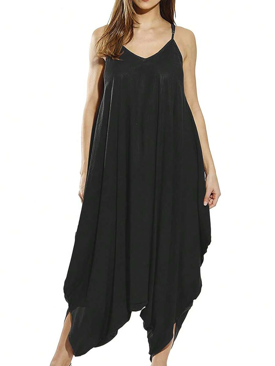 Bộ áo liền quần dáng rộng cho nữ, có dây đeo mảnh, thích hợp mặc ở nhà, kiểu dáng thướt tha, thoáng khí. - màu đen - Xem 1