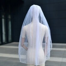 1pc Faux Pearl Edged Short Wedding Veil For Bride, Finger Length - White - View 2