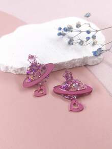 1 對甜美時尚閃光星星、星球、光滑空心心形壓克力吊墜耳環。送給女孩的精美情人節禮物