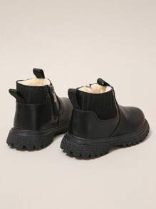 Kids Thermal-Lined Mid-Calf Boots, Toddlers' Leather Mid-Top Waterproof Anti-Slip Thick Winter Warm Short Boots With Side Zipper - Black - View 5