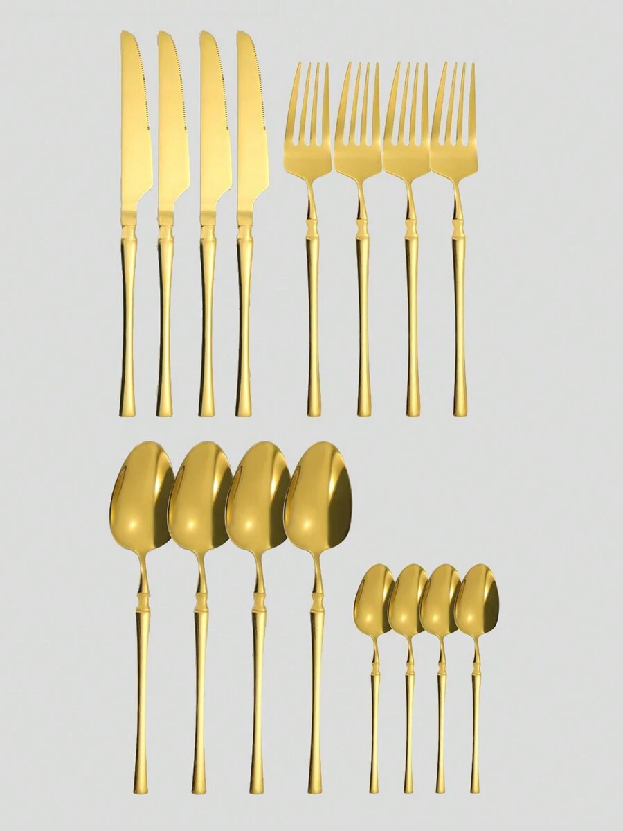 16 件/套不鏽鋼西式餐具組 - 包括咖啡勺、沙拉叉、牛排刀、甜點勺 - 適合餐廳、家庭、派對和婚禮 - 金色 - 查看 1
