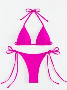 Solid Color Sexy Split Bikini Swimwear For Beach Vacation, Summer - Hot Pink - View 5
