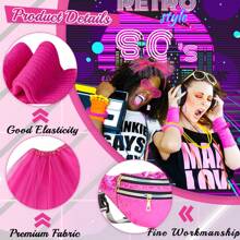 女孩的80年代服裝配件套裝,1980年代花式派對套件,包括t恤,tutu裙,臀包,頭帶,耳環,項鍊,網紗手套,腿套,眼鏡,手鐲,髮圈等裝扮配件