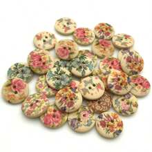 50pcs/Pack 18mm Mixed Floral Pattern 2-Holes Round Wooden Buttons, For Sewing Clothes, Scrapbooking, Craft And Home Decor - Multicolor - View 2