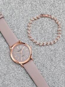 Conjunto de reloj de pulsera de cuarzo con esfera mecánica y escala simple, correa mate + pulsera con forma de corazón completamente decorada con rhinestones, regalo de San Valentín para mujer