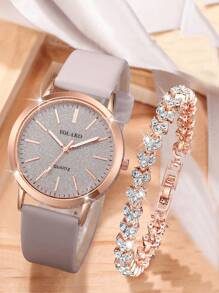 Conjunto de reloj de pulsera de cuarzo con esfera mecánica y escala simple, correa mate + pulsera con forma de corazón completamente decorada con rhinestones, regalo de San Valentín para mujer