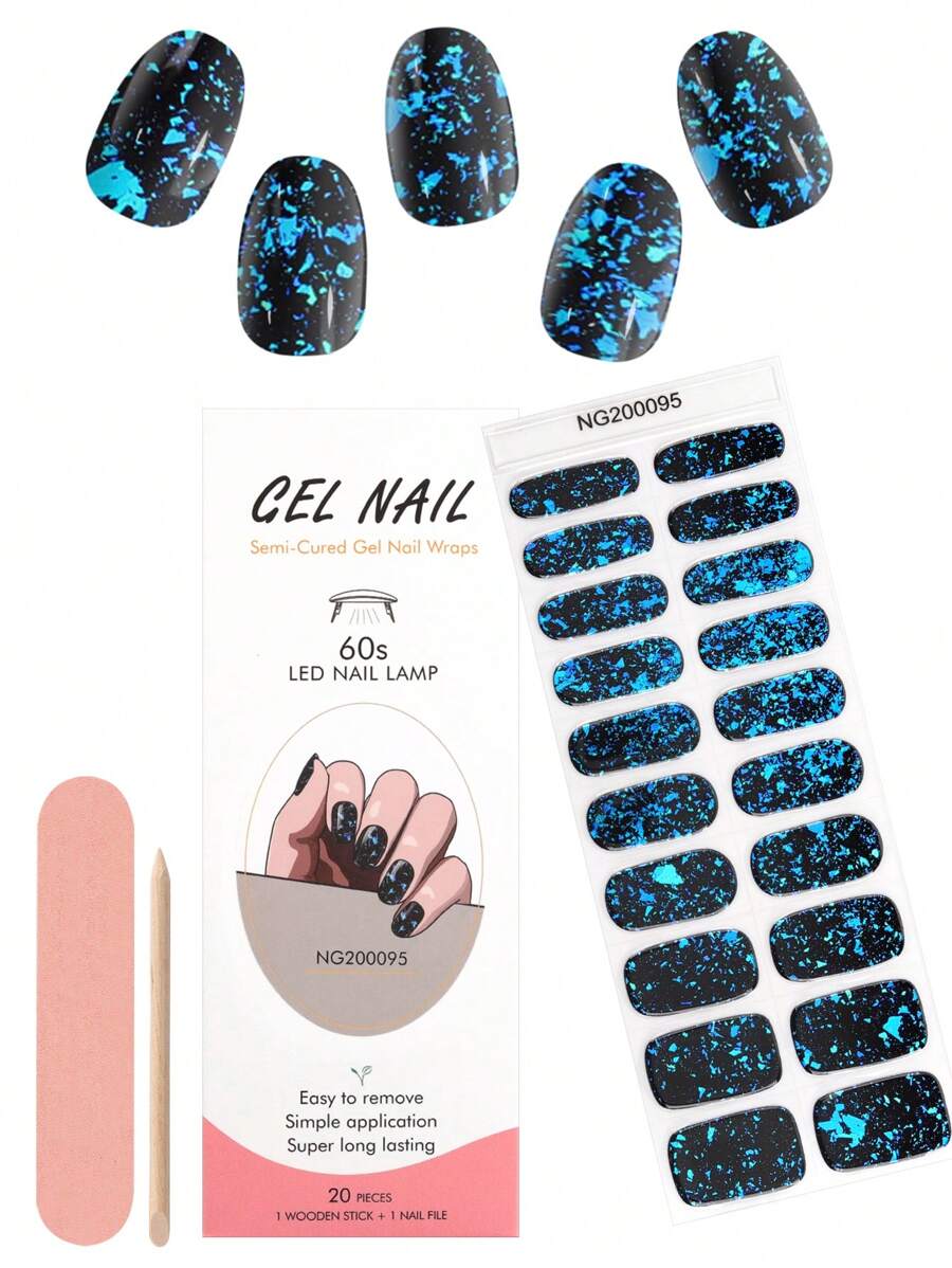 20pcs Half-cured Gel Sticker, Dark Blue & Cloud Pattern Powder Nail Polish Sticker, With Nail File And Cuticle Pusher - Navy Blue - View 1