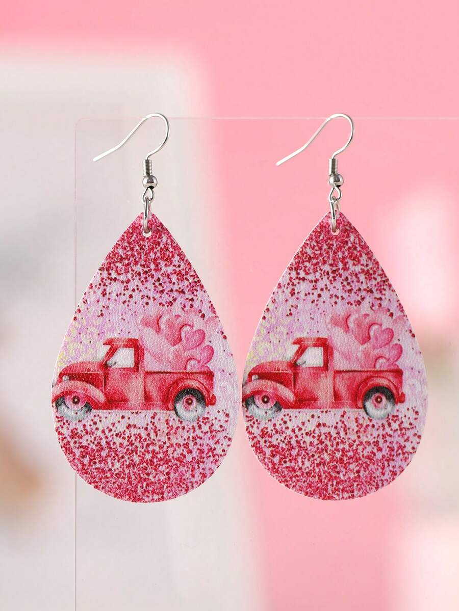 1 對復古情人節主題粉紅色汽車、心形、亮片和淚滴吊墜 Pu 皮革雙面耳環女式