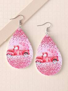 1 對復古情人節主題粉紅色汽車、心形、亮片和淚滴吊墜 Pu 皮革雙面耳環女式