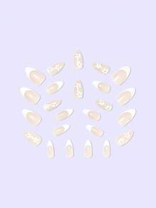 24入組中長杏仁形簡單白色法式美甲套裝,設有小花和雛菊圖案,適用於派對、跳舞和日常佩戴,讓你擁有迷人的魅力 - 白色 - 查看 6