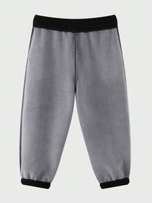Young Boys Thickened Fleece Sweatpants With Letter Patch, Winter - Black - View 5