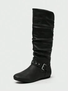 女式鬆身中筒靴，拉鍊平底靴帶鉤扣