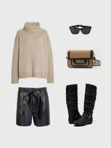 女式鬆身中筒靴，拉鍊平底靴帶鉤扣