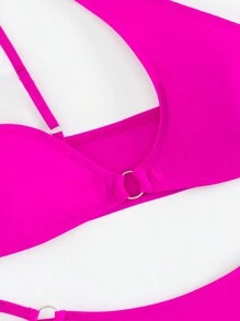 Women's Bikini Set Two-Piece Split High-End Design Solid Color Sexy Thong Bikini Set Summer Beach - Hot Pink - View 3
