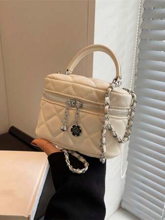 Mini Bolso Cruzado Con Cadena Acolchado, Ligero, Portátil, Casual, Moda, Patrón A Cuadros Mini Tweed, Bolso De Cubo Para Chicas, Mujeres, Estudiantes Universitarias, Trabajadoras Blancas Para Otoño E Invierno. Fundamental Para El Trabajo, La Oficina, La Captura Del Autobús, La Universidad, El Otoño Y El Invierno, Al Aire Libre