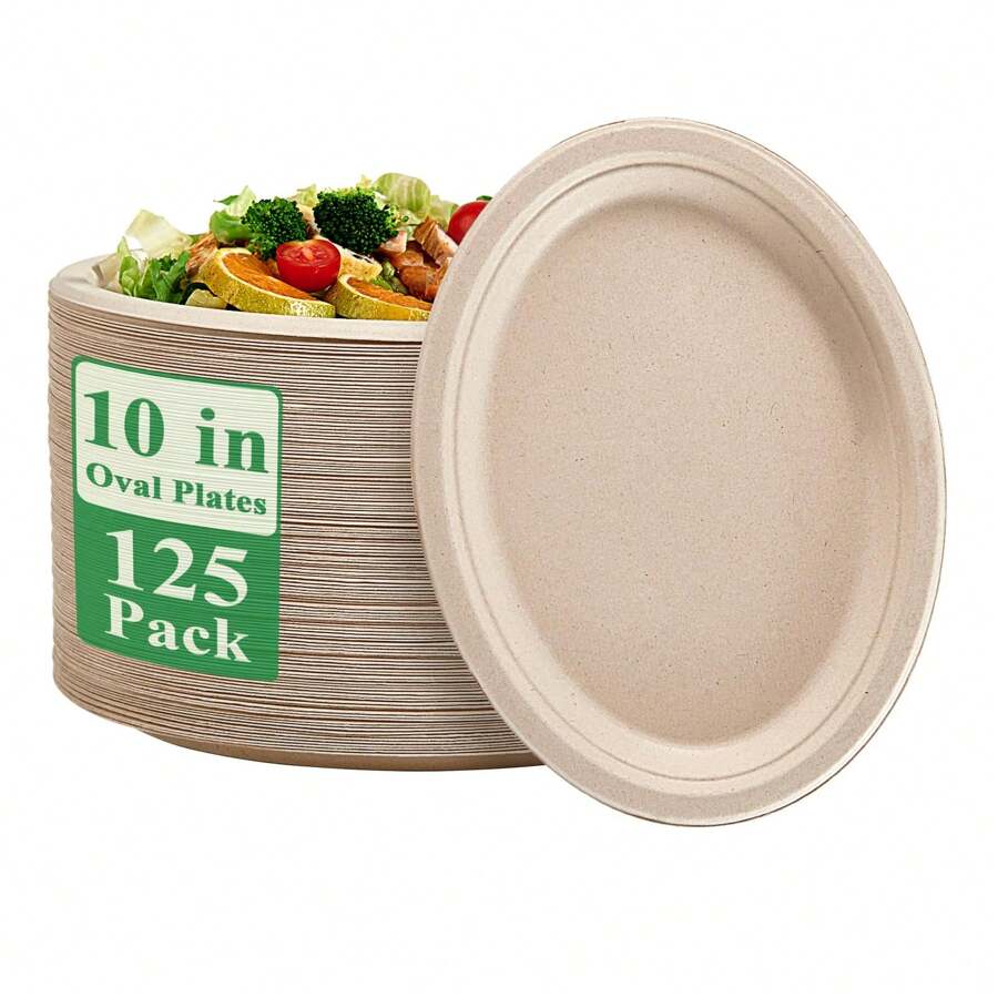100% Compostable Oval Paper Plates 10 Inch 125 Pack Super Strong Disposable Christmas Paper Plates Natural Sugarcane Plates For BBQ, Party, Gathering, And Picnic - màu thật - Xem 1