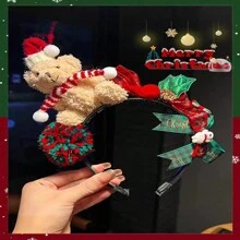 小女孩圣诞头带，带有毛绒熊图案，防滑发带，非常适合冬季圣诞节拍照