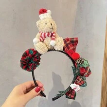 小女孩圣诞头带，带有毛绒熊图案，防滑发带，非常适合冬季圣诞节拍照