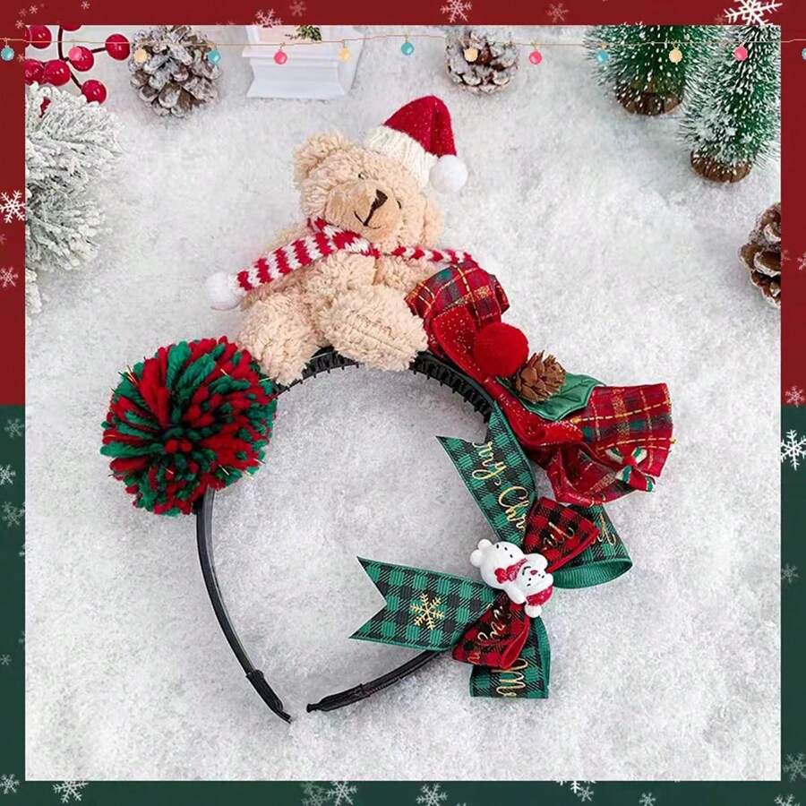 小女孩圣诞头带，带有毛绒熊图案，防滑发带，非常适合冬季圣诞节拍照