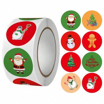 500入/捲「聖誕快樂」圓形裝飾diy創意塗鴉貼紙,卡通手繪海豹貼紙可愛有趣標記貼紙,適用於吉他、滑板、相簿手帳、信封卡片裝飾,是完美的聖誕禮物