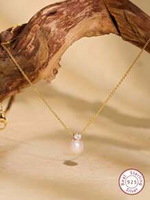 1pc Dainty Faux Pearl Zirconia Pendant Necklace Winter Sweater Necklace For Women S925 Sterling Silver Fine Ladies Jewelry Gift - White - View 2