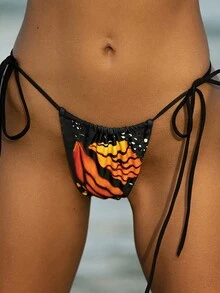 Women's Butterfly Print Sexy Bikini Swimwear, Tie-Up Thong Swimwear, Summer