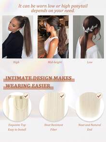 24英寸和18英寸直长马尾接发片，环绕式合成马尾假发片，夹式长发接发片，魔术贴假发片，适合女性和女孩日常佩戴，自然美观。 - 米色 - 查看 5