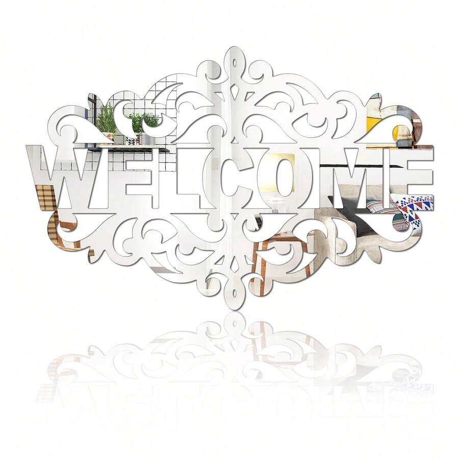 '歡迎'圖案自粘鏡面牆貼1公釐厚度,適用於裝飾臥室、客廳、浴室及婚禮、生日派對用品