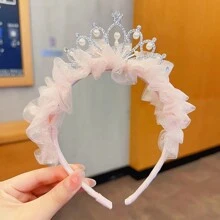 1pc Princess Style Crown Headband With Mesh, Bowknot, Pearl Beads, Pleated Hem, Floral Embroidery For Little Girl - Pink - View 1