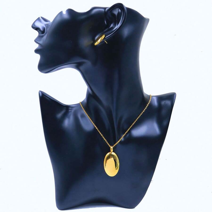 時尚橢圓形鍍金不銹鋼項鍊和耳環珠寶套裝,適合女性穿著