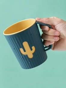 1pc Cactus Decor Toothbrush Cup With Handle, Bathroom Storage Cup - Green - View 1