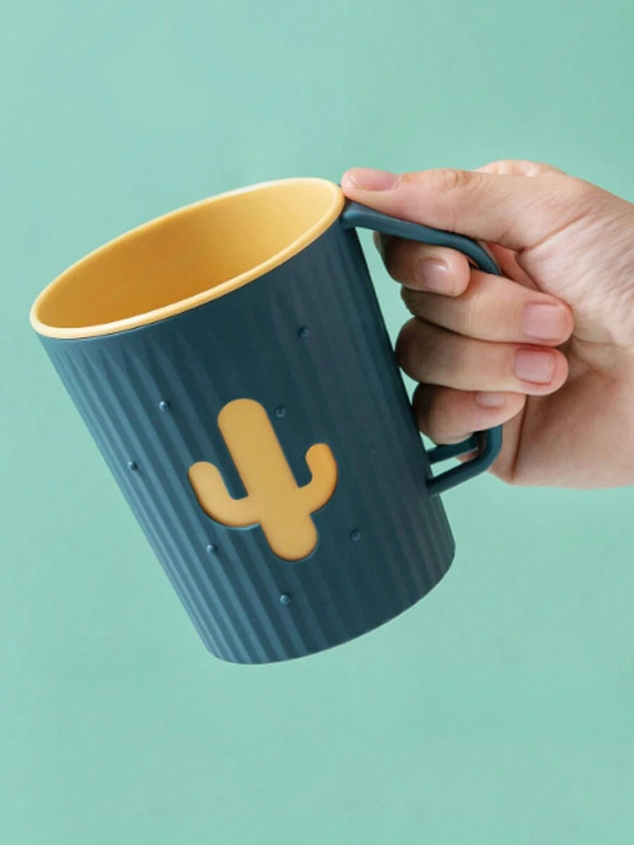 1pc Cactus Decor Toothbrush Cup With Handle, Bathroom Storage Cup - Green - View 1