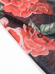 Ladies' Flower Printed Lace Contrast Mesh Nightgown - Rose Red - View 4