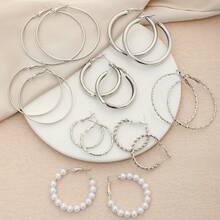 8 對簡約金屬誇張銀色珍珠細部圈形耳環 - 銀色A款 - 查看 7